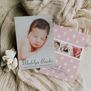 Elegant Script Pink Baby Girl Multi Photo Birth Announcement