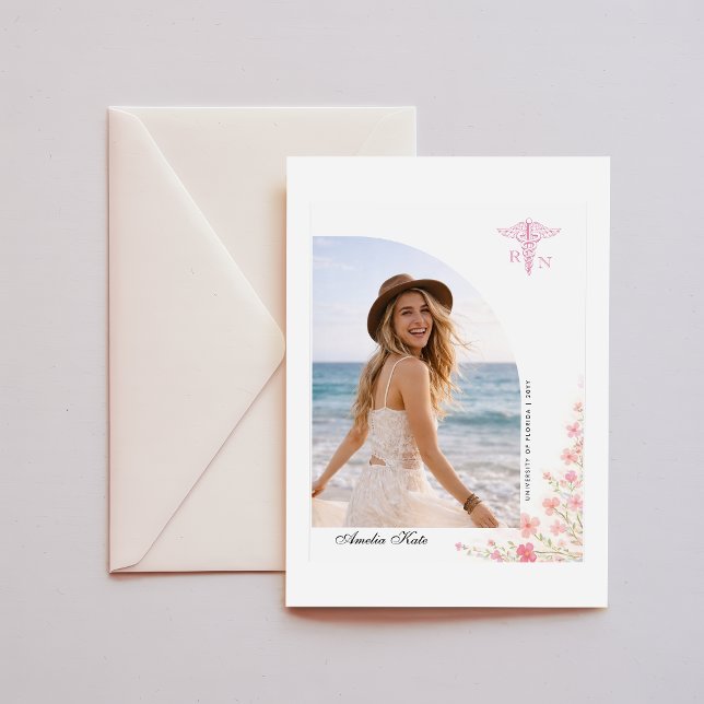 Elegant Script Pink Bow Photo RN Graduation Thank You Card (Creator Uploaded)