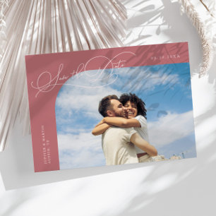 Elegant Script Pink Curved Frame Photo Save The Date
