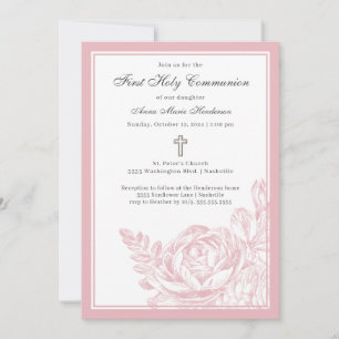 Elegant Script Pink Floral First Holy Communion Invitation