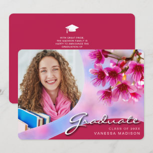 Elegant Script Pink Flowers   Modern Photo Grad Announcement