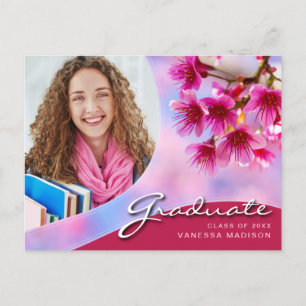Elegant Script Pink Flowers Modern Photo Grad Postcard