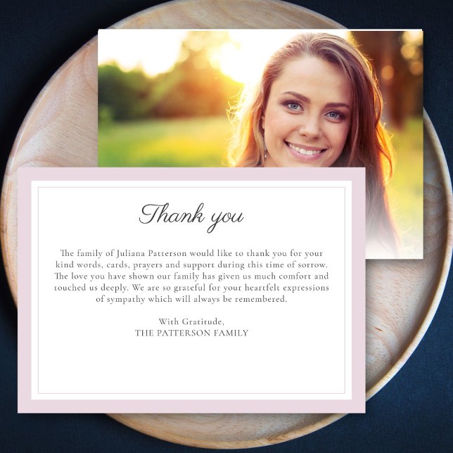 Elegant Script Pink Funeral Photo Thank You Card (Creator Uploaded)