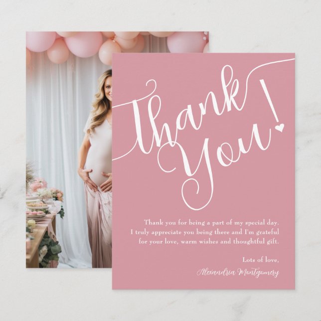 Elegant Script Pink Girl Baby Shower Photo Thank You Card (Front/Back)