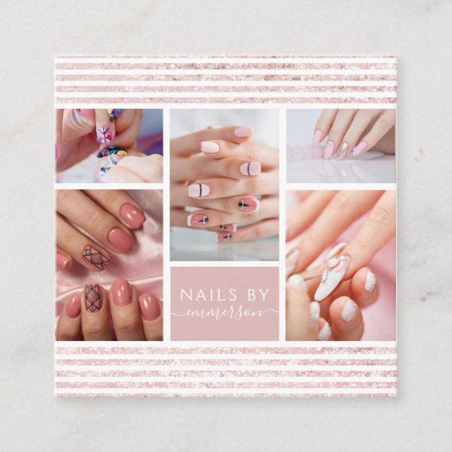 Elegant Script Pink Glitter Photo Collage Nail Art Square Business Card (Front)