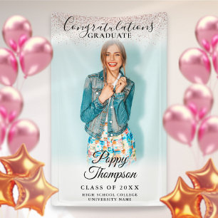 Elegant Script Pink Glitter Photo Graduation  Banner