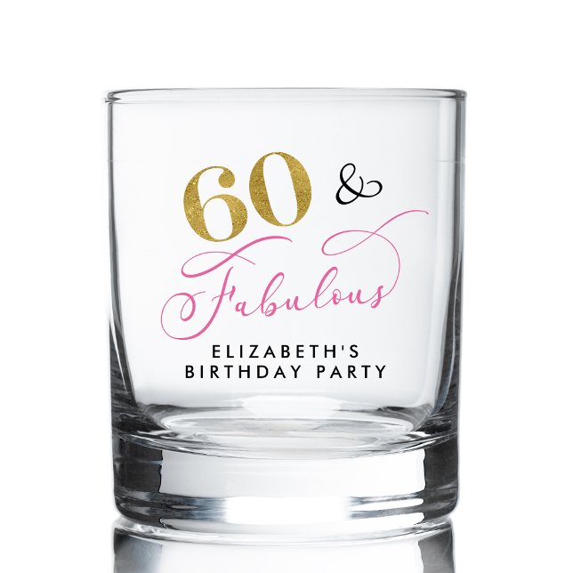 Elegant Script Pink Gold 60th Birthday Party Whiskey Glass (Creator Uploaded)