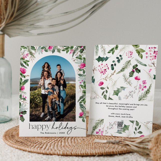 Elegant Script Pink Greenery Foliage Arch 1 Photo Holiday Card (Creator Uploaded)