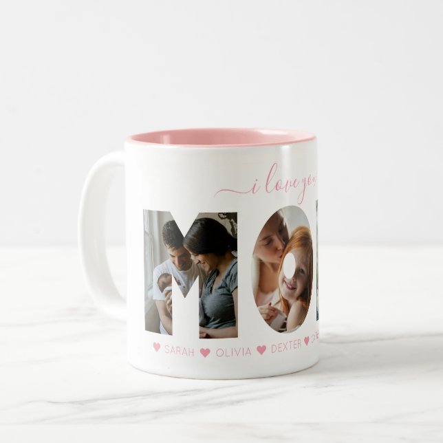 Elegant Script Pink I love you MOM Photo Collage Two-Tone Coffee Mug (Front Left)