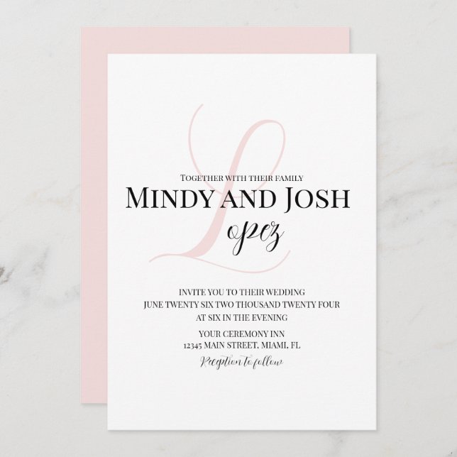 Elegant Script Pink Initial Wedding Invitation (Front/Back)