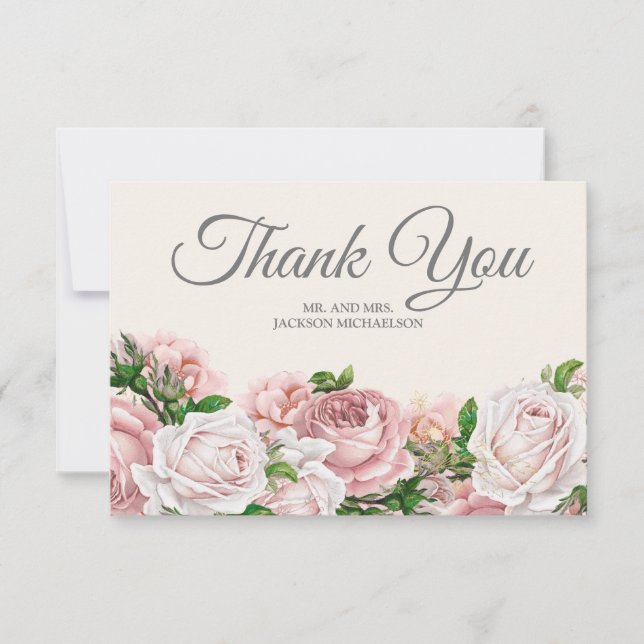 Elegant Script Pink Roses Cream Wedding Thank You (Front)