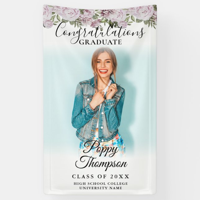 Elegant Script Pink Roses Floral Photo Graduation Banner (Vertical)