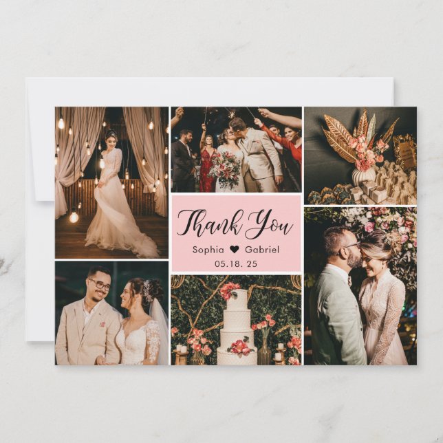 Elegant Script Pink Wedding Multi Photo Collage  Thank You Card (Front)