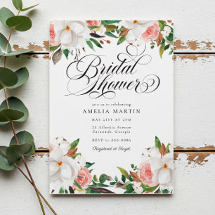 Elegant Script Pink White Floral Bridal Shower Invitation