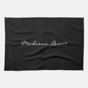 Elegant Script Plain Black Name Calligraphy  Tea Towel