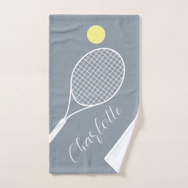 Elegant Script Player Name Dusty Blue Tennis Club Hand Towel (Hand Towel)