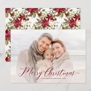 Elegant Script Poinsettias Christmas Full Photo Holiday Card
