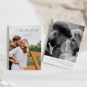 Elegant Script Portrait w/Photo on Back Save The Date