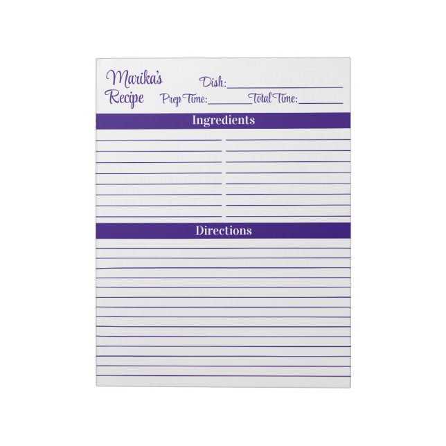 Elegant Script Purple 8.5x11 Portrait Recipes Notepad (Rotated)