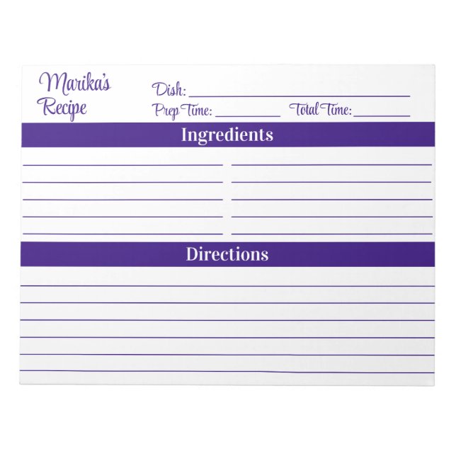Elegant Script Purple 8.5x11 Recipes Notepad (Front)