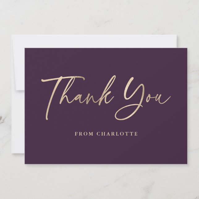 Elegant Script Purple and Gold Thank You Card (Front)