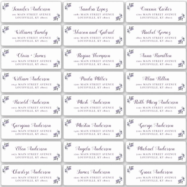 Elegant Script Purple Floral Guest Address Labels (Front)