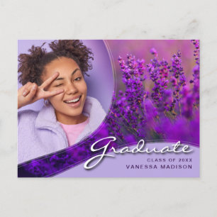 Elegant Script Purple Flowers Modern Photo Grad Postcard