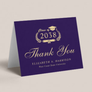 Elegant Script Purple Gold Graduation Thank You Card