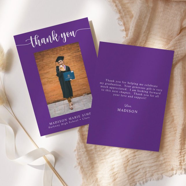 Elegant Script Purple Graduation Photo Thank You Card (Creator Uploaded)