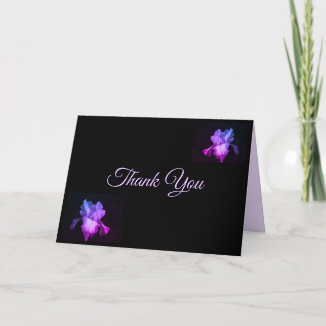 Elegant Script Purple Iris Floral Thank You Card (Front)