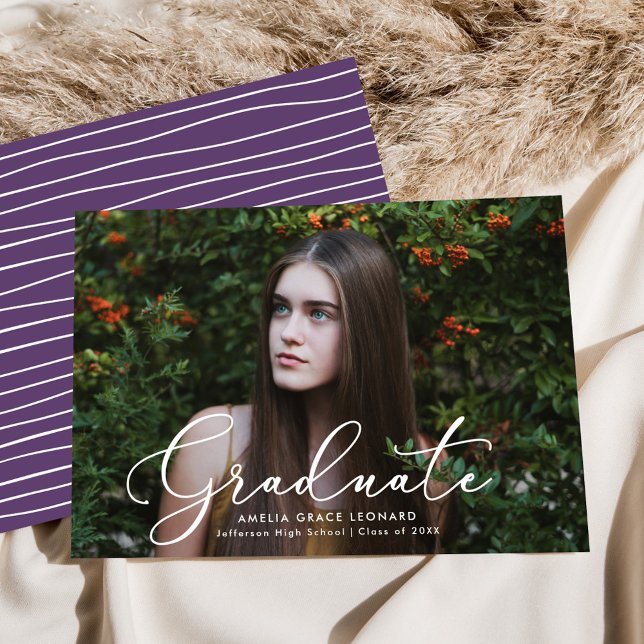 Elegant Script Purple Photo Graduation Announcement (Creator Uploaded)