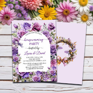 Elegant Script Purple Roses Housewarming Party Invitation