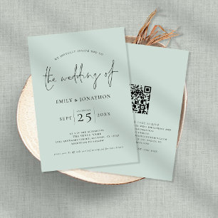 Elegant Script QR Code Mint Green Wedding Invitation
