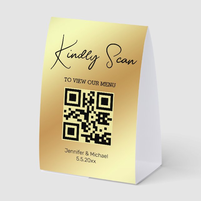 Elegant Script QR Code Wedding Menu Gold  (Front)
