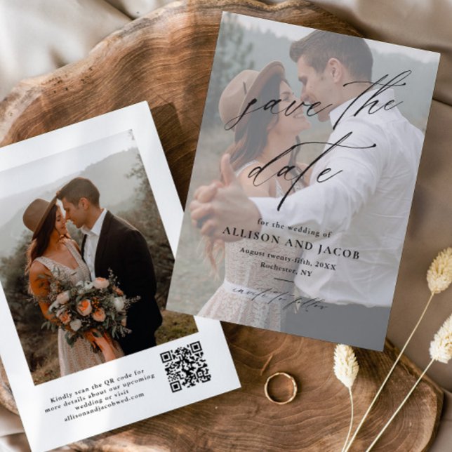  Elegant Script QR code Wedding Photo  Save The Date (Elegant handwritten script 2 photo wedding QR code save the date cards.)