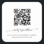 Elegant Script QR Code Wedding Website Square Sticker<br><div class="desc">Elegant Script QR Code Wedding Website. An elegant script with swashes for your names. The text can be easily personalised. Simply change the sample URL in the template with your own URL of your chosen page of your wedding website and your QR code will be automatically generated to update the...</div>