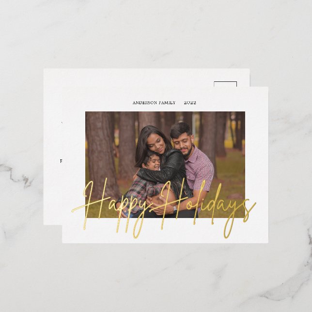 Elegant Script Real Foil Holiday Photo Postcard (Front/Back)