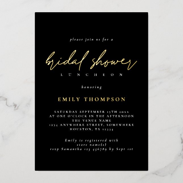 Elegant Script Real Gold Foil Black Bridal Shower (Front)