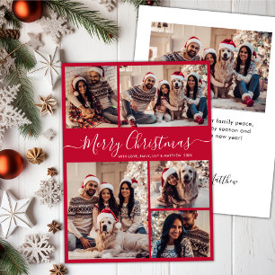Elegant Script Red 5 Photo Collage Christmas  Holiday Card