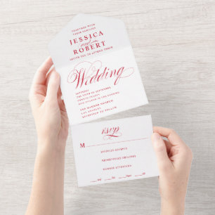 Elegant Script Red and White Calligraphy Wedding All In One Invitation