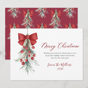 Elegant Script Red Berries Greenery Christmas Holiday Card