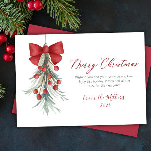 Elegant Script Red Berries Greenery Christmas  Holiday Card