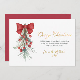 Elegant Script Red Berries Greenery Christmas  Holiday Card