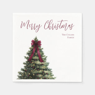 Elegant Script Red Bow Watercolor Christmas Tree Napkin