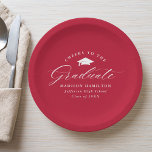 Elegant Script Red Cheers to the Graduate Paper Plate<br><div class="desc">Elegant graduation paper plates featuring a graduation cap with the phrase "Cheers to the Graduate" in a white calligraphy script on a red background. Personalise the modern graduation paper plates with the graduate's name, school name, and graduation year. The simple graduation plates are perfect to use for your high school...</div>