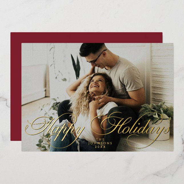 Elegant Script Red Christmas Modern Minimal Photo Foil Holiday Card (Front/Back)