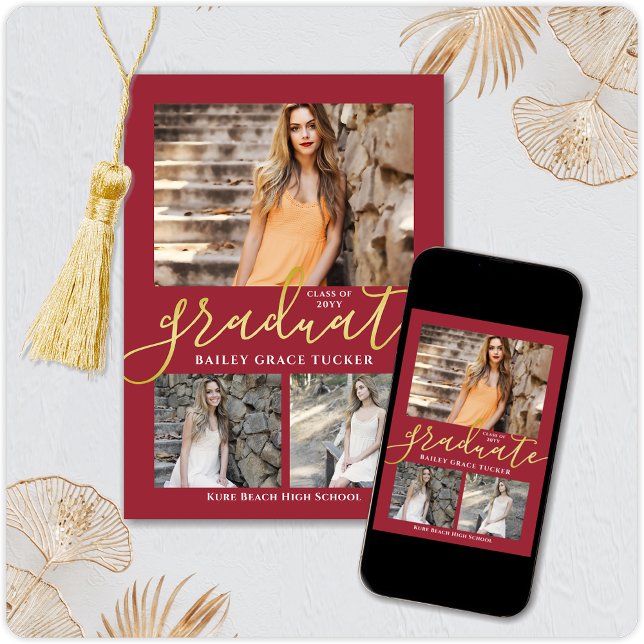Elegant Script Red Gold 3-Photo Collage Graduation Announcement (Creator Uploaded)