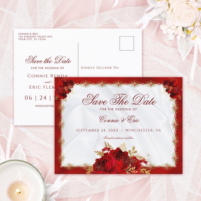Elegant Script Red Gold Floral Save the Date Announcement Postcard (Creator Uploaded)