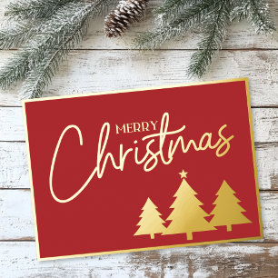 Elegant Script Red Gold Merry Christmas Trees Foil Holiday Card