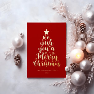 Elegant Script Red Gold Real Foil Merry Christmas  Foil Holiday Card